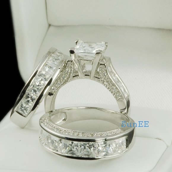 NEW STERLING SILVER HIS HERS PRINCESS DIAMOND WEDDING RINGS ENGAGEMENT R… - Picture 1 of 5